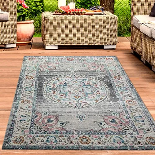 CARPETIA Teppich Outdoor Orientteppich Wohnzimmerteppich Ornamente in grau Größe 200 x 290 cm