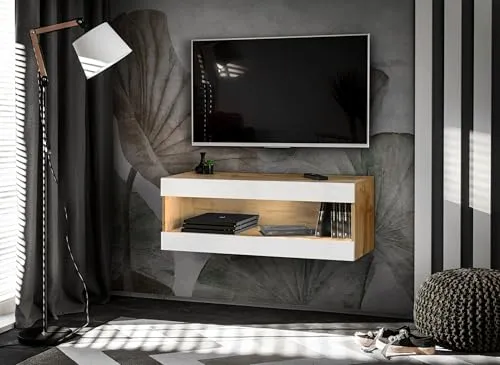 Komodee, RTV-Schrank, Tivoli RTV2, Wotan/Weiß, Breite 100cm x Höhe 36cm x Tiefe 35cm, ohne LED, für Wohnzimmer, Schlafzimmer