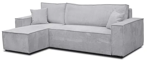 VENASI HUGO Ecksofa mit Schlaffunktion und Bettkasten in Grau - Ecksofa mit Schlaffunktion 125×200 cm und integriertem Bettkasten, ideal für kleine Räume. Flexibel montierbare Ottomane und hochwertiger Cordstoff sorgen für Stil und Komfort.