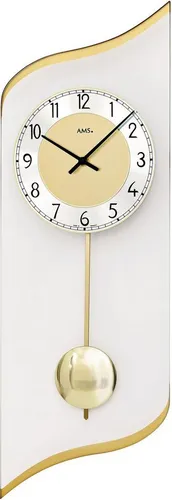 AMS Pendelwanduhr W7437 – Elegante Quarzuhr im Glasgehäuse - Hochwertige Pendelwanduhr für Esszimmer und Wohnzimmer, Made in Germany. Stilvolles goldfarbenes Design und präzise Quarztechnik machen sie zum idealen Wohnaccessoire.