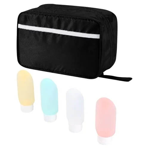 Kulturtasche zum Aufhängen mit 4 Reiseflaschen 60ml, Kulturbeutel Toilettentasche mit 4 Fächern, Wasserdicht Waschtasche Waschbeutel Reise, Kosmetiktasche Rasiertasche Klein mit Haken, Damen & Herren