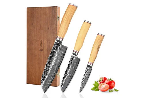 Wakoli Olive HS 3er Damastmesser-Set - Küchenmessersets mit 67 Lagen Damaststahl und ergonomischen Olivenholzgriffen. Ideal für präzises Schneiden und lange Schärfe, perfekt als Geschenk für Kochliebhaber.