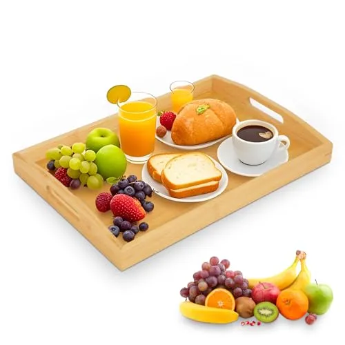 Tablett Serviertablett, holztablett rechteckig, Bambus tablett, Serviertablett groß, aus hochwertigem Holz für Küche, Wohnzimmer oder als Dekoration. Mit Griffen für sicheres Tragen. (Natur)