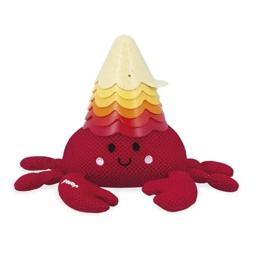 Janod J04734 Bernhard der Einsiedler Badespielzeug Hergestellt aus Weizenstroh-Wasserplüsch-6 gelochte Schalen-Wasserspaß für Babys-Ab 10 Monate-J04734