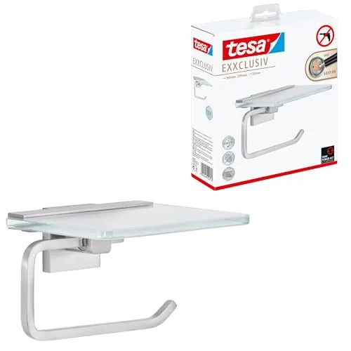 tesa EXXCLUSIV Toilettenpapierhalter mit Ablage - Toilettenpapierhalter mit stilvollem Milchglas und verchromter Halterung, einfach ohne Bohren zu montieren - ideal für Mietwohnungen und beschädigungsfrei.