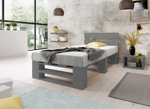 Lermowood Palettenbett M2 90 x 200 cm mit Kopfteil Grau Holzbett Massivholzbett Bett aus Paletten Seniorenbett Kinderbett Jugendbett