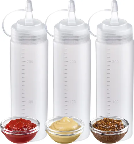 Westmark 3 Quetschflaschen, 240 ml, 23852270 - Sonstige Wohnaccessoires – Set für müheloses und sauberes Dosieren von Saucen, mit hygienischer Verschlusskappe und großer Öffnung für einfaches Befüllen.
