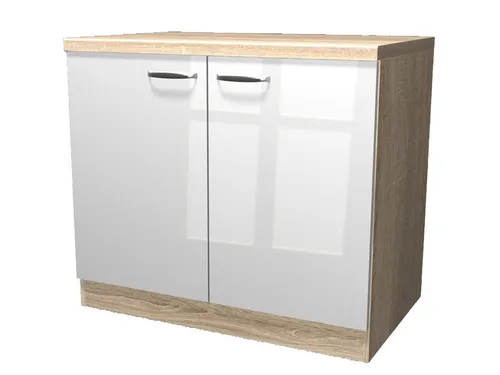 Spülenunterschrank Valencia - 100 cm Hochglanz Weiß Sonoma Eiche - Moderne 100 cm Spülenunterschrank mit Hochglanz Weißer Front und Sonoma Eiche Korpus. Ideal für Ihre Küche mit zwei Drehtüren und passender Arbeitsplatte für effizienten Stauraum.