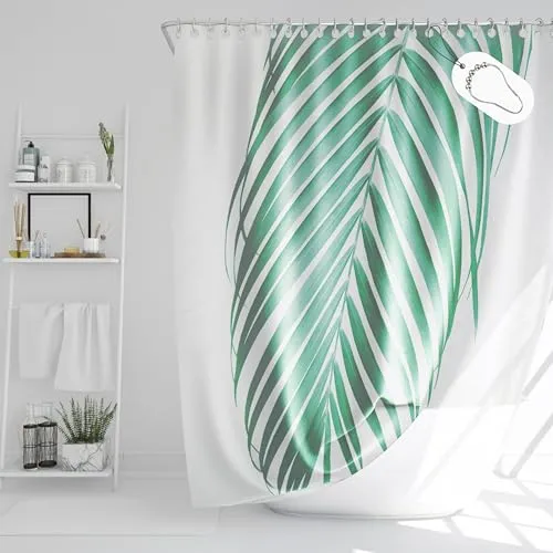 DROPHOP Duschvorhang 180x200 cm Polyester Textil Tropical grün weiß Palmen-Blatt Pflanze Natur Dschungel beschwerter Saum Blickdicht 100% Wasserdicht Waschbar Anti-schimmel Beschichtung .12 Ringe