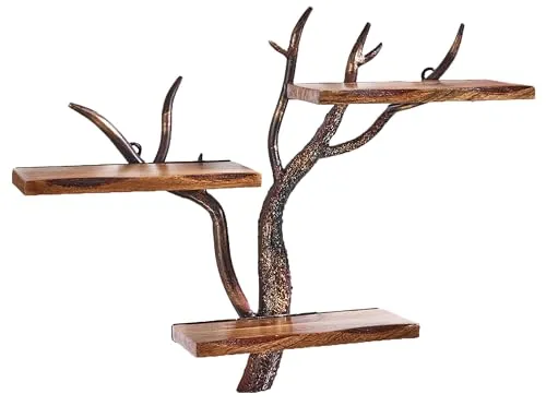 Kobolo Wandregal ESRA 57x19x46 cm, Regal aus braunem Mangoholz & Metall im Astdesign, 3 Ablagen, modernes Wandboard für Bücher, Accessoires & Bilder, dekorative & stilvolle Wandgestaltung