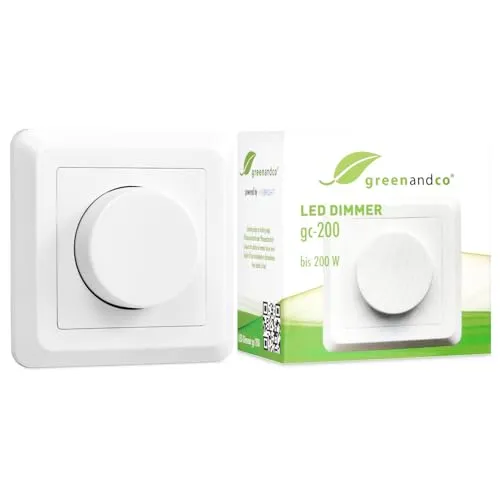 greenandco gc-200 | Unterputz LED und Halogen Dimmer | 1-200 Watt | auch für herkömmliche Leuchtmittel | für Wechselschaltungen geeignet | weiß