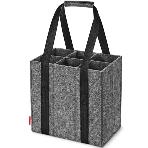 Enbagold Flaschentasche 6 Fächer je 1,5 Liter, Faltbar Flaschenträger, Filz Männerhandtasche mit Trennwänden, Flaschen Einkaufstasche für Wasserflaschen, Weinflasche, Bier und Sekt - Dunkelgrau