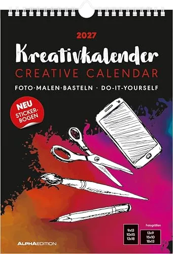 Kreativkalender A4 schwarz 2027: Bastelkalender 21x29,7 cm mit schwarzem Hintergrund, Stickerbogen, echtem Bastelkarton und gestaltbarem Titelblatt