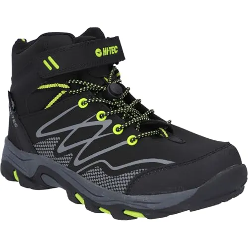 Hi-Tec Blackout Mid WP Jr schwarz/lime Gr. 32 - Wanderschuhe für Kinder, ultraleicht und vollständig wasserdicht dank Dri-Tec-Membran. Mit robuster Außensohle für hervorragende Traktion und elastischen Schnürsenkeln für einfaches An- und Ausziehen.