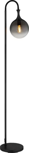 Bewegliche Stehlampe mit Glaskugel in Rauchfarbe - Stehleuchte für Wohnzimmer, elegante Kombination aus schwarzem Metall und rauchfarbener Glaskugel, ideal für stimmungsvolle Beleuchtung mit Fußtrittschalter.