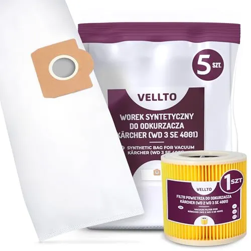 5x Vellto Staubsaugerbeutel Kompatibel mit Kärcher 6.959-130 WD3 MV3 SE 4001 SE4002 V-17 V12 A 2150 2201 2201 F A 2204 Ersatzbeutel Staubbeutel Beutel mit Filter Ersatzfilter Patronenfilter