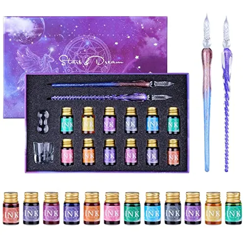 Federhalter aus Glas,Handmade Kristall Schreibstift mit 12 bunten Tinten für Kunst, Unterschriften, Kalligraphie, Zeichnung,Dekoration, Geschenk für Anfänger und Künstler