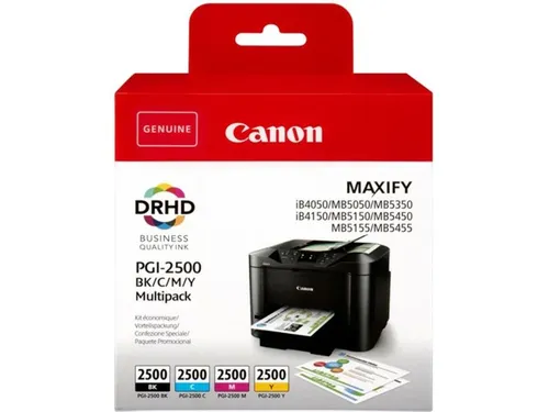 Canon PGI-2500 Multipack (BK/C/M/Y) - Druckerpatronen für MAXIFY Drucker, 4 Farben (Schwarz, Cyan, Magenta, Gelb) für brillante Ausdrucke und einfache Installation. Hohe Druckleistung: bis zu 1000 Seiten in Schwarz und 700 Seiten in Farbe.