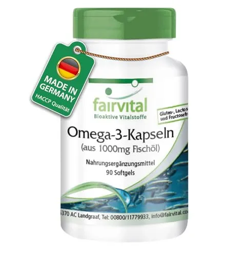 Fairvital | Omega-3 Kapseln aus 1000mg FischÖl - 90 Softgels - HOCHDOSIERT - 3000mg pro Tagesdosis - mit EPA und DHA