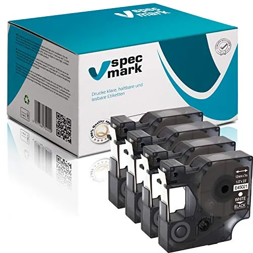 specmark Kompatibel für DYMO D1 45021 S0720560 Schriftband 12mm x 7m Satz x 4 St. Weiß auf Schwarz Kompatibel mit LM LabelManager LP LabelPoint LW LabelWriter DUO