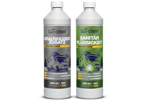 bio-chem 2-teiliges Camping-Set: Sanitär- & Grauwasserzusatz - WC-Reiniger für hygienische Frische! Das Set enthält kraftvolle Sanitärflüssigkeit und Grauwasser-Zusatz, ideal für Wohnmobile und Boote. Hochkonzentriert, biologisch abbaubar und umweltfreundlich.