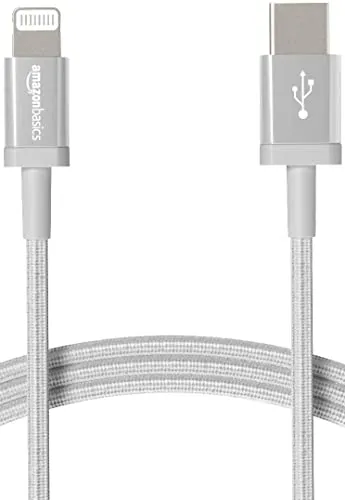 Amazon Basics USB-C-auf-Lightning-Kabel, geflochtenes Nylon, MFi-zertifiziertes Ladekabel für iPhone 13/12/11/X/XS/XR/8, Silber, 1.8 m