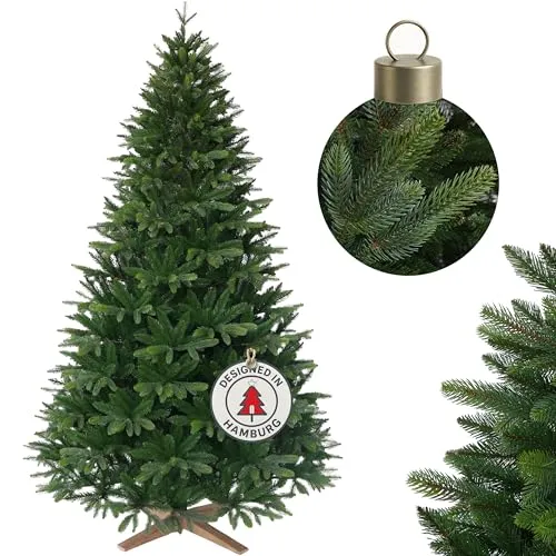 Hochwertiger künstlicher Weihnachtsbaum 210cm mit Holzfuß - Künstlicher Weihnachtsbaum 210 cm mit dichten Zweigen aus Spritzguss & PVC. Stabiler Holzständer, schneller Aufbau und pflegefrei – ideal für ein festliches Zuhause.