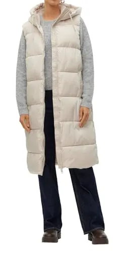 VERO MODA Damen 3/4-lange Steppweste VMLigaane mit Kapuze - Damen-Westen mit leichter Polsterung, ideal für die Übergangszeit; stylisch und funktional mit 2-Wege-Reißverschluss und seitlichen Taschen.