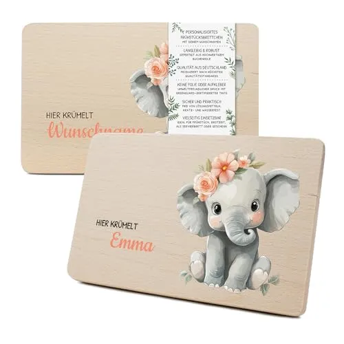 Yabaduu Individuelles Holzbrett für Kinder 23,5x15cm Frühstücksbrettchen Brotzeitbrett personalisiert aus Holz Tier-Motiv als Geschenk Geburtstag Kind RV007 (06 Elefant, Mit Wunschname)