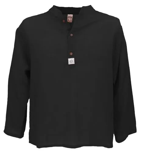 GURU SHOP Yoga Hemd, Lässiges Baumwollhemd mit Stehkragen, Leichtes Freizeithemd, Langarm Schlupfhemd - Schwarz, Herren, Baumwolle, Size:M
