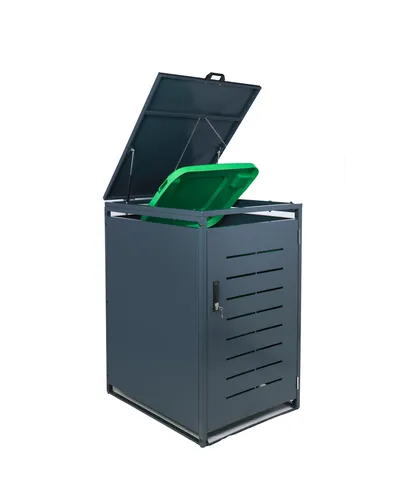 SCHULTE Regalwelt Premium Mülltonnenbox mit Schloss, anthrazit, 1160 x 690 x 800 mm - Die SCHULTE Mülltonnenbox in Anthrazit überzeugt durch ihr modernes Design und hohe Stabilität. Sie schützt Mülltonnen bis 240 Liter und lässt sich modular erweitern. Ideal für einen ordentlichen und ansprechenden Außenbereich.