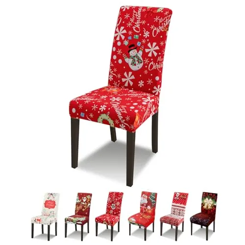 Lydevo Xmas Weihnachtlich Stuhlhussen 4er Set Stretch Stuhlhussen für Esszimmerstühle Stuhlhussen für Schwingstühle Waschbarer Abnehmbarer Stuhlbezug für Weihnachtliche Festival Christmas,Schneemann