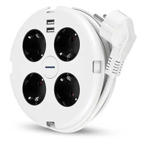 REV Steckdosenleiste PowerDisc - Mehrfachsteckdose 4-Fach mit 2X USB & Schalter, 1,4m, weiß