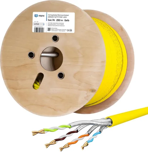hb-digital CAT 7a Netzwerkkabel 250m - Hochgeschwindigkeits-Verlegekabel mit 10 Gbit/s und 1200 MHz, ideal für professionelle Netzwerkinstallationen, halogenfrei und brandschutzklassifiziert.