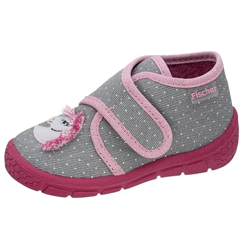 Fischer Markenschuhe Hausschuhe für Mädchen in Grau - Bequeme Mädchenhausschuhe in Grau mit Klettverschluss, ideal für Zuhause und Freizeit. Perfekte Passform durch mittlere Weite und flachen Absatz.