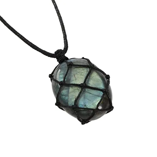 ECSiNG Halskette mit Anhänger aus natürlichem Labradorit-Kristall, mit gewachster Schnur, handgeflochten, Retro-Edelstein