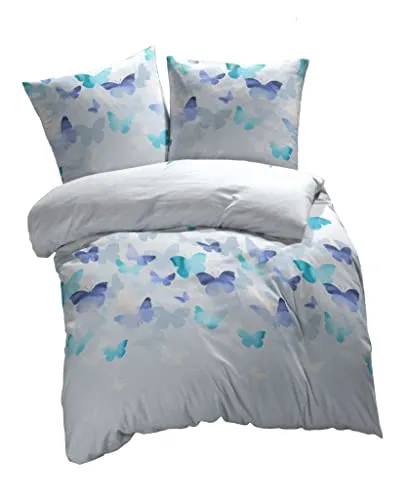 etérea Mako Satin Baumwolle Bettwäsche Lilu Schmetterlinge 200x220 3er Set - Bettwäsche-Set in Blau aus 100% Mako-Satin Baumwolle, schadstoffarm nach Ökotex 100. Ideal für Allergiker, reguliert Temperatur und Feuchtigkeit für erholsamen Schlaf.