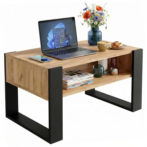 möbelkap Couchtisch 92×53.6 cm – Wohnzimmertisch aus Holzwerkstoff, Stabiler & moderner Kaffeetisch mit zusätzlicher Ablagefläche – Beistelltisch, Craft Gold/Schwarz, rechteckig