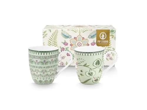 Pip Studio Becher Grün, Keramik - Thermobehälter, stilvolles Design mit fantasievollen Lilien und Lotusblättern, spülmaschinen- und mikrowellenfest, ideal für Kaffee und Tee.