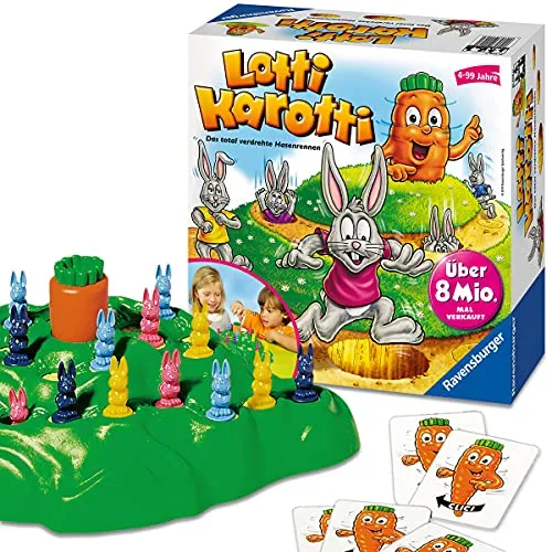 Ravensburger 21556 - Lotti Karotti, Familienspiel für Kinder und Erwachsene - Gesellschaftsspiel für 2-4 Spieler ab 4 Jahren mit spannenden Überraschungen! Hüpfe mit deinem Hasen zur Karotte und erlebe actionreiche Spielrunden – ideal für unvergessliche Familiennachmittage!