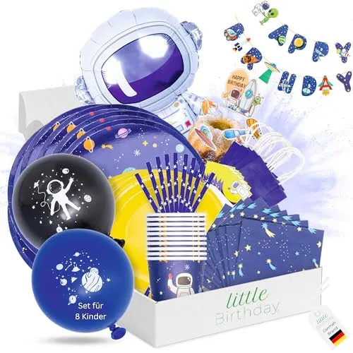 LITTLE BIRTHDAY | Astronaut Partygeschirr Paket Set Kindergeburtstag | Party Deko| Geburtstag 8 Personen | Pappteller| Pappbecher| Servietten| Luftballons | Topper | Einladungskarten | Tütchen | alles