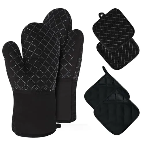 EHIOG 6er Set Ofenhandschuhe und Topflappen, hitzebeständige Handschuhe bis 300°C, rutschfeste Topfhandschuhe für Küche, Backen, BBQ, Auflaufform, Grillen, hitzebeständiger Handschuh