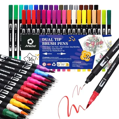 Artecho Dual Brush Pen Set 36 Farben, Filzstifte Dicke und Dünne, Pinselstifte set, Stifte für Bullet journal, Kalligraphie, Manga, Malbücher und Handlettering