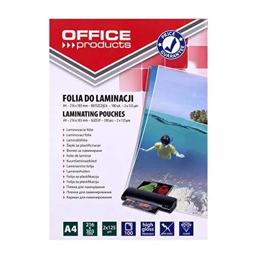 OFFICE PRODUCTS 20325435-90 Laminierfolie A4, 2 x 125 micron, glänzend, 100 Stück, transparent