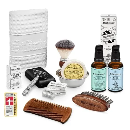 Störtebekker® Premium Rasierhobel All-in-one Set - inkl. Rasierpinsel, Rasierseife, Rasierschale, Rasieröl, Rasierklingen, Rasiertuch, Alaunstein, Bartöl, Bartkamm und Bartbürste - Geschenkidee