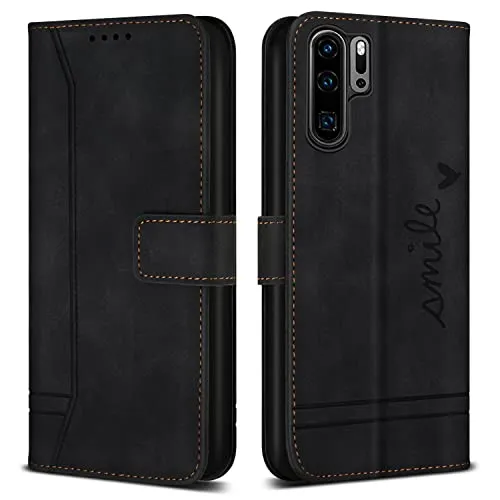 Bravoday Hülle für Huawei P30 Pro, PU Ledertasche Handyhülle Flip Schutzhülle Kompatibel mit Huawei P30 Pro, mit Kartenfäch & Kickstand, Schwarz
