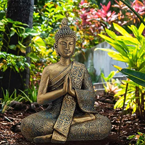 Cepewa Buddha goldene asiatische Statue sitzend - Gartenfigur für harmonische Gartendekoration, wetterbeständig und ideal für Ethno-Look im Außenbereich. Maße: 30 cm hoch, aus robustem Polyresin.