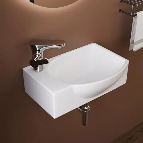 DeerValley Waschbecken klein Weiß – Mini Wandwaschbecken 305×240 mm aus Keramik mit mehr Nutzfläche, Becken rechts & Armaturloch links, platzsparend fürs Bad