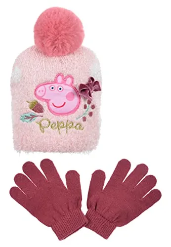 Peppa Wutz Pig Mütze und Handschuhe Kinder | Geschenke für Mädchen | Set | Winter | Strickmütze | Beanie | Bommelmütze