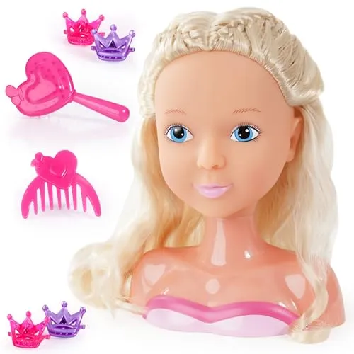 Bayer Design 90019AA Frisierkopf My Lovely Princess, 19 cm, mit Langen blonden Haaren, Bürste, Kamm, Haarklips, für kreatives Spielen
